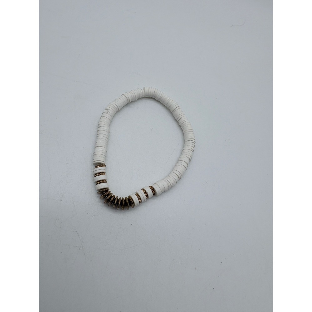 White Heishi Bead Stretch‎ Bracelet Gold Tone Accents Coastal Boho